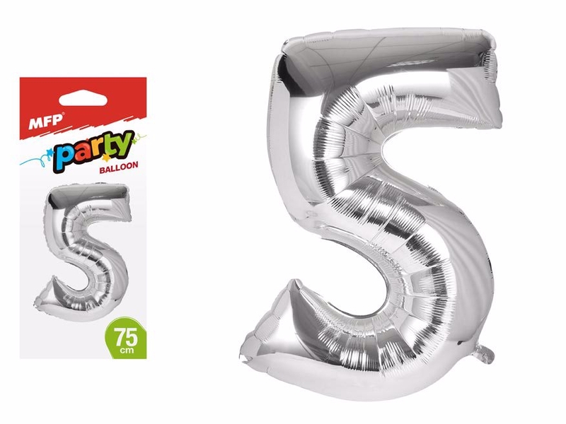 Balónek č. 5 nafukovací fóliový 75cm - stříbrný (12ks/bal)
