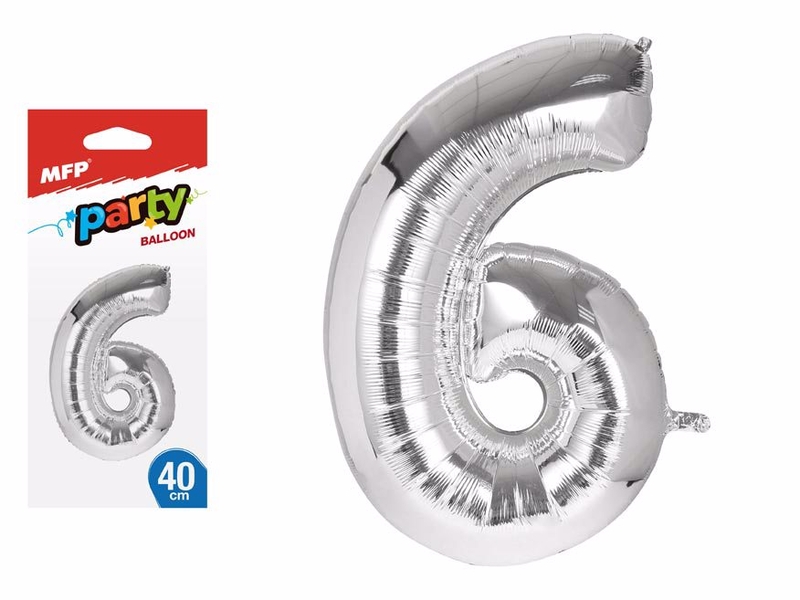 Balónek č. 6 nafukovací fóliový 40cm - stříbrný [12ks/b] (144/krt)