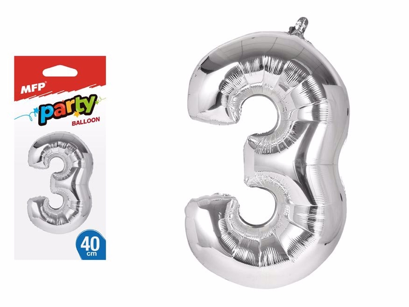 Balónek č. 3 nafukovací fóliový 40cm - stříbrný [12ks/b] (144/krt)
