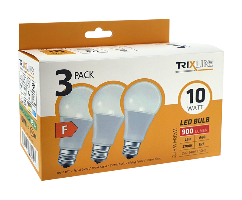 LED žárovka Trixline 10W A60 E27 - teplá bílá 3 PACK
