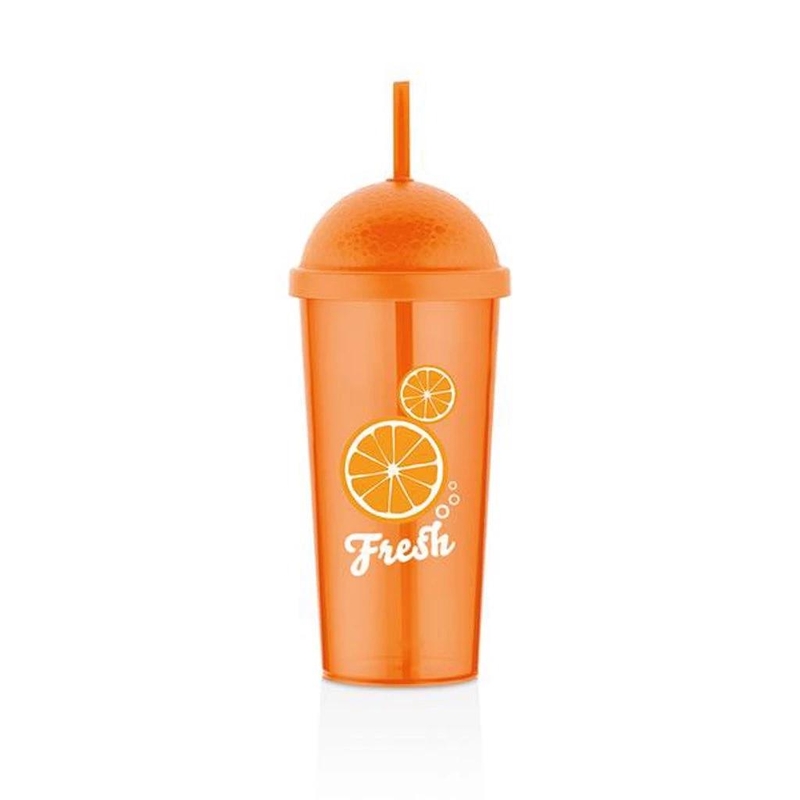 Plastový kelímek s víčkem a brčkem oranžová barva 700ml (12ks/bal)
