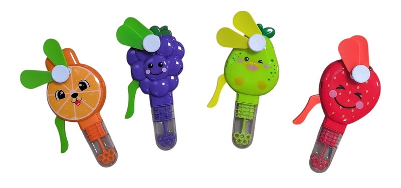 Přenosný ruční větráček s bublifukem 13,5cm - roztomilé ovoce (24ks/bal)