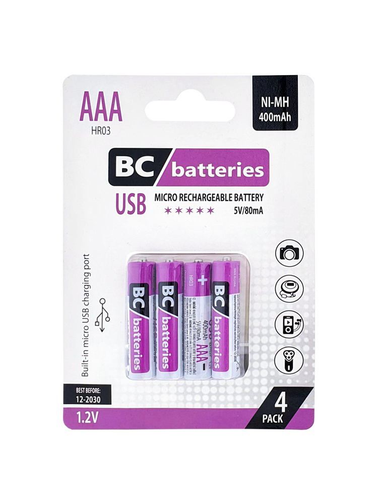 BC HR03 400mAh 1,2V Mikro USB blistr 4ks/sada