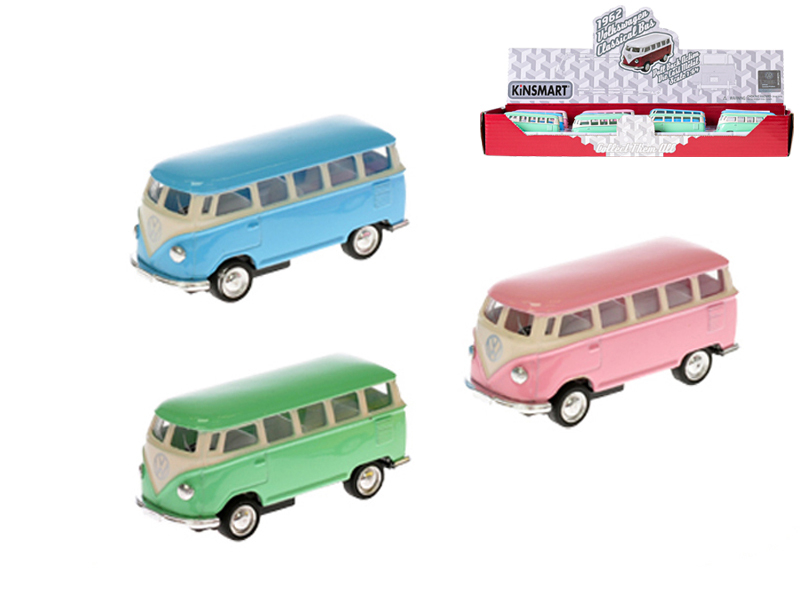 Autobus VW Classical 1962 1:64 7cm kov zpětný chod 3barvy (12ks/bal)