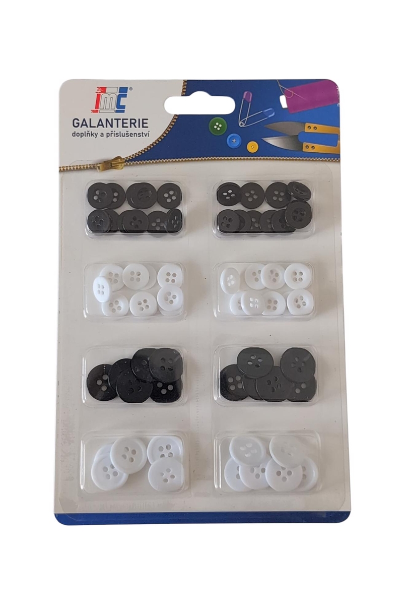 Knoflíky čtyřdírkové plastové bílé/černé 1cmx40ks & 1.5cmx24ks (12sad/bal,288/krt)