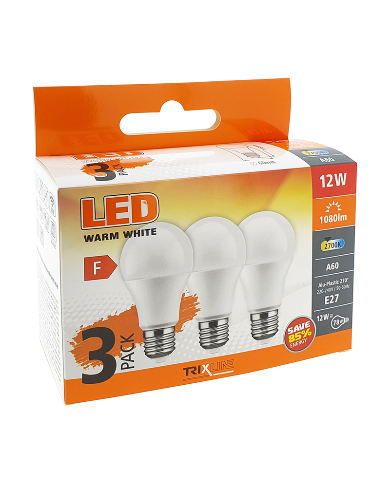 LED žárovka Trixline 12W A60 E27 - teplá bílá 3 PACK 