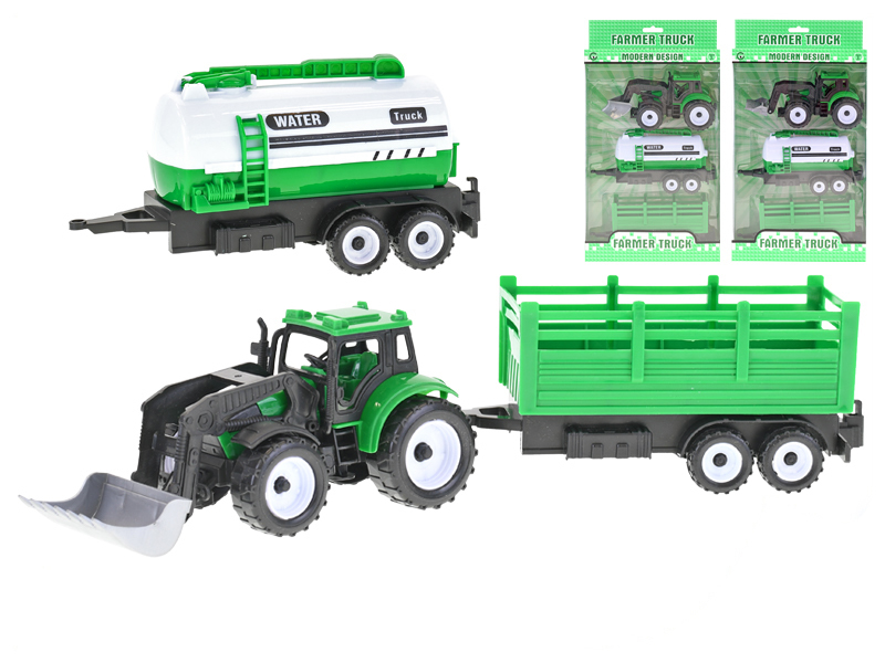 Traktor nakladač 17cm 3druhy na setrvačník + 2vlečky v krabičce 