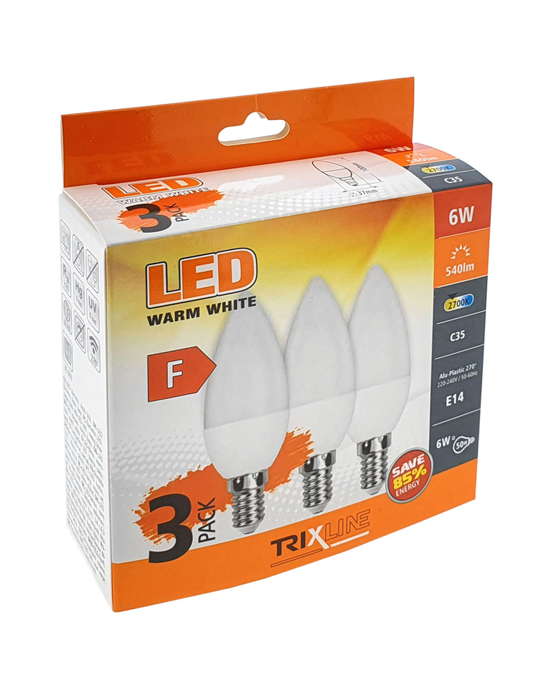 LED žárovka Trixline 6W C35 E14 - teplá bílá 3 PACK