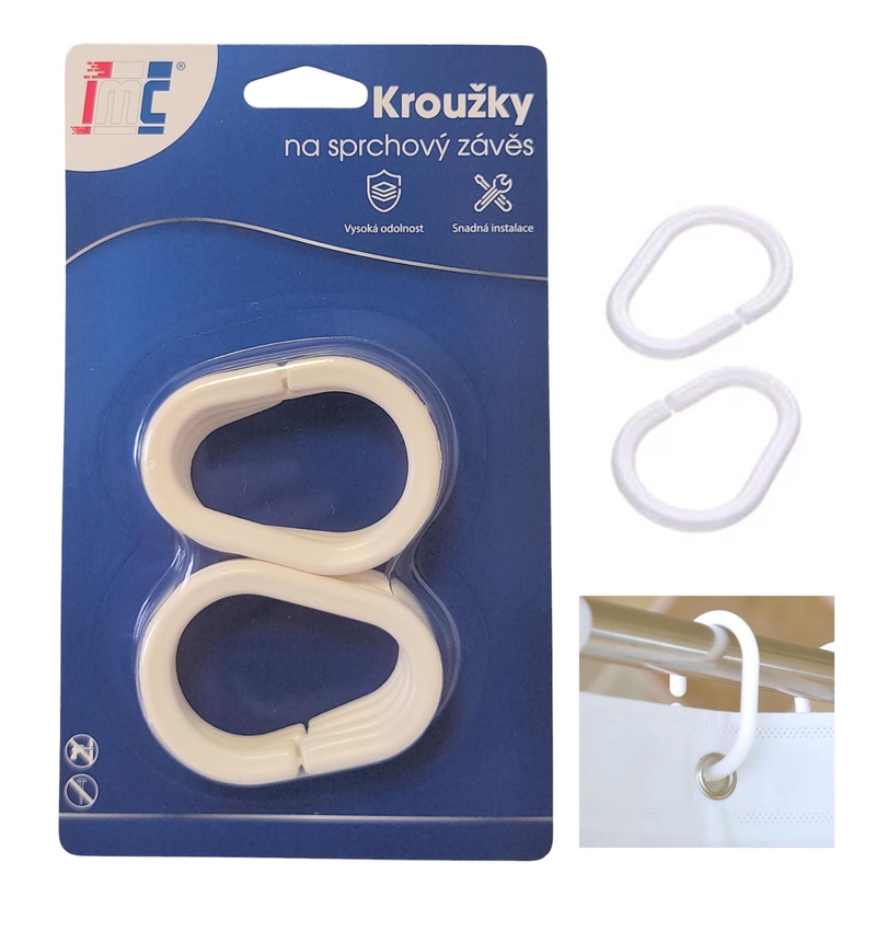 Kroužky na sprchový závěs bílé 65x41mm 8ks (12sad/bal,288/krt)