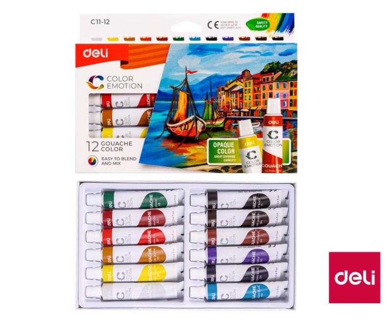 DELI Barvy temeperové 12ks 12 barev, 12ml COLOR EMOTION EC11-12 (12set/bal, 48set/krt)