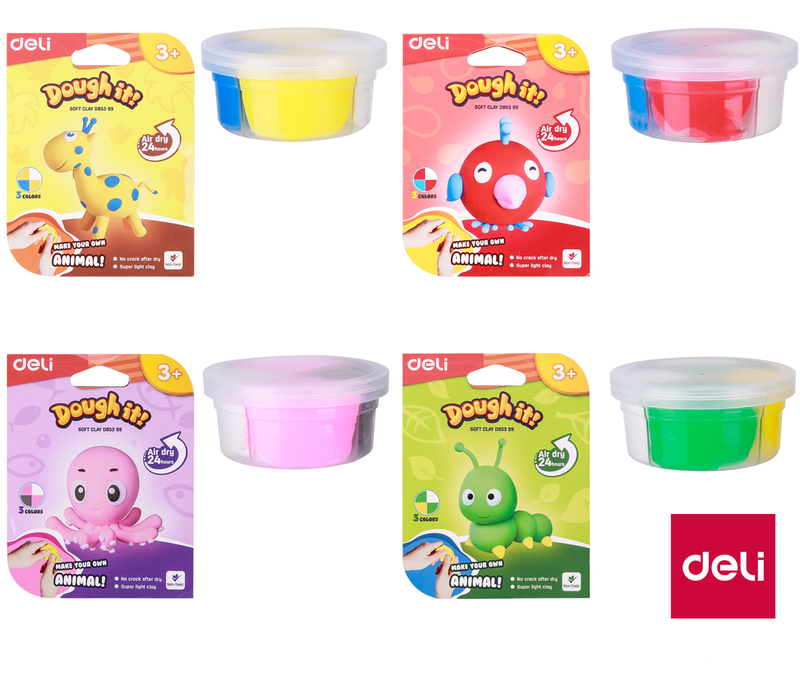 DELI Plastelína pěnová samotvrdnoucí 3 barvy zvířátko (12ks/bal)