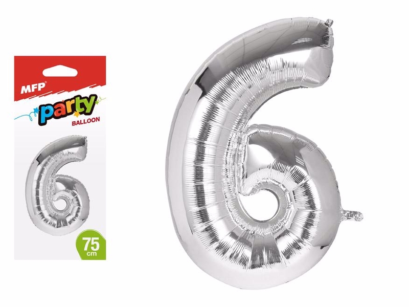 Balónek č. 6 nafukovací fóliový 75cm - stříbrný (12ks/bal)