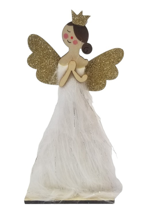 Anděl dřevo bílé šaty, zlatá křídla 18cm (12ks/bal)