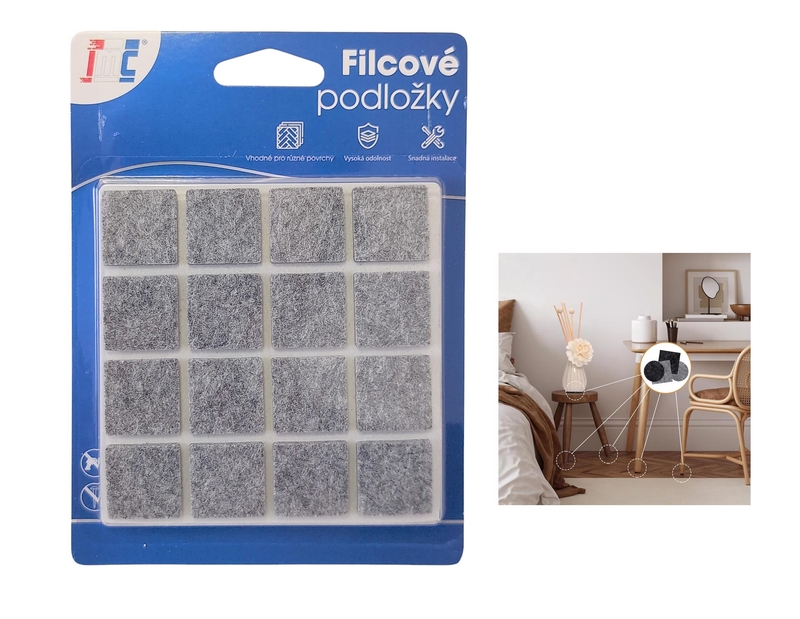 Filcové podložky na nábytek samolepící 19x19mm 32ks (12sad/bal,288/krt)