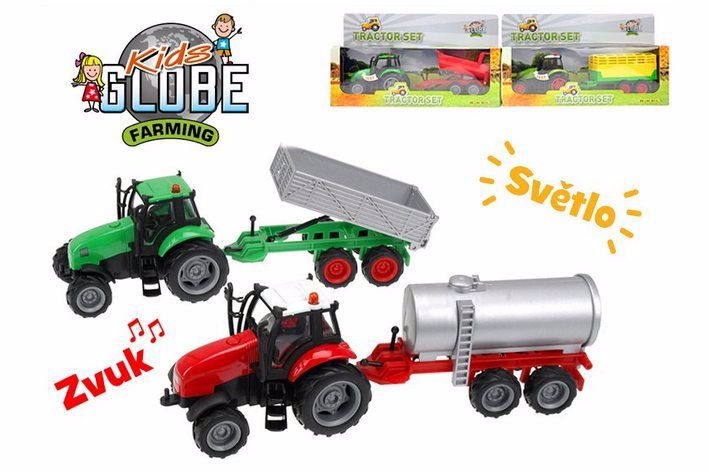 Kids Globe Farming traktor kov 25cm na setrvačník s vlečkou na baterie+světlo/zvuk 4druhy v krabičce