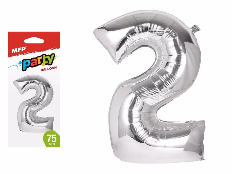 Balónek č. 2 nafukovací fóliový 75 cm - stříbrný (12ks/bal)