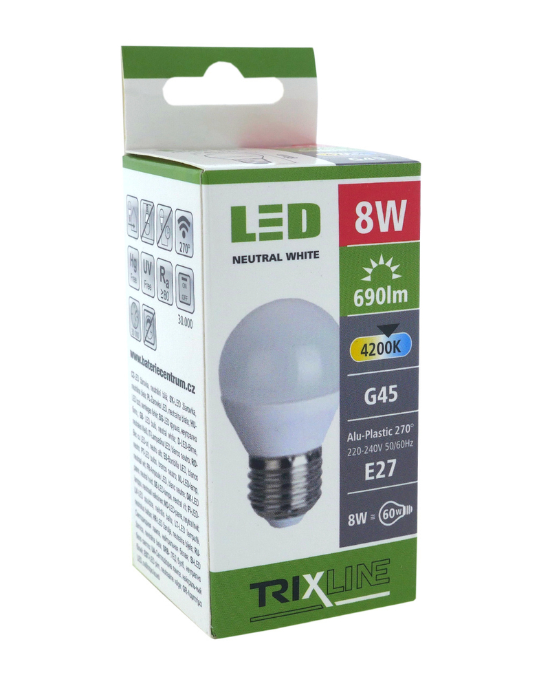LED žárovka 8W E27 G45 Trixline - neutrální bílá (10ks/bal, 100ks/krt)