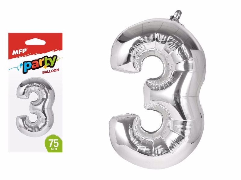 Balónek č. 3 nafukovací fóliový 75cm - stříbrný (12ks/bal)