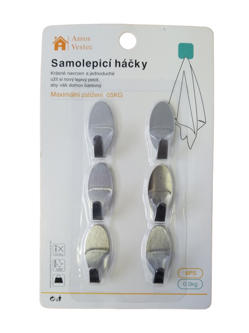 Sada nerezové samolepicí háčky 6ks (20sada/bal, 240sada/krt)