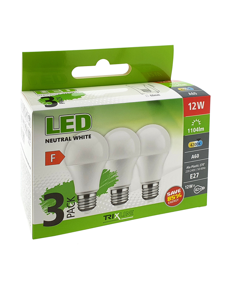 LED žárovka Trixline 12W A60 E27 - neutrální bílá 3 PACK (30ks/krt)