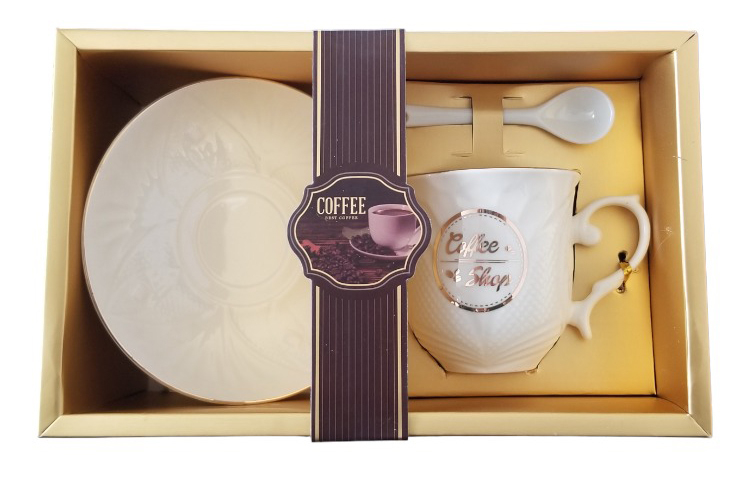 Dárková sada porcelánový hrnek s talířkem a lžičkou - Coffee