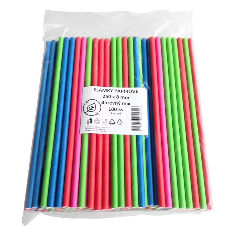 Papírová brčka JUMBO 8x250mm mix 3 vrstvé 100ks (30bal/krt)