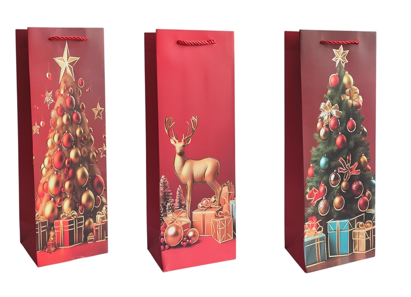 Dárková taška na láhve V -  Červený advent 12x35x9cm (12ks/bal,600/krt)