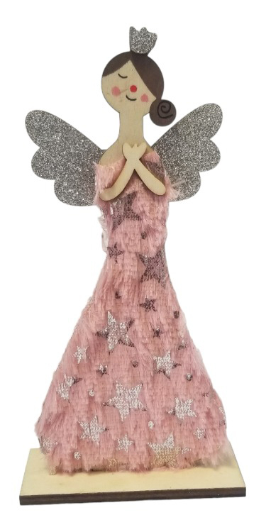 Anděl dřevo růžové šaty 18cm (12ks/bal)