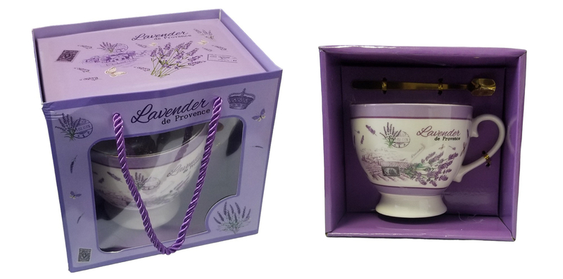 Dárková sada porcelánový hrnek s zlatou lžičkou - Lavender
