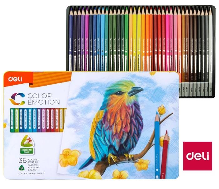 DELI Pastelky trojhanné 36barev Color Emotion kovové pouzdro