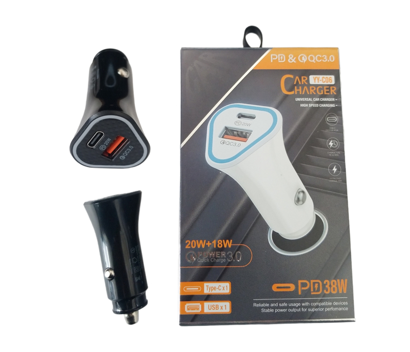 Nabíječka do auta 38W 1xType-C, 1xUSB (12ks/bal, 360ks/krt)