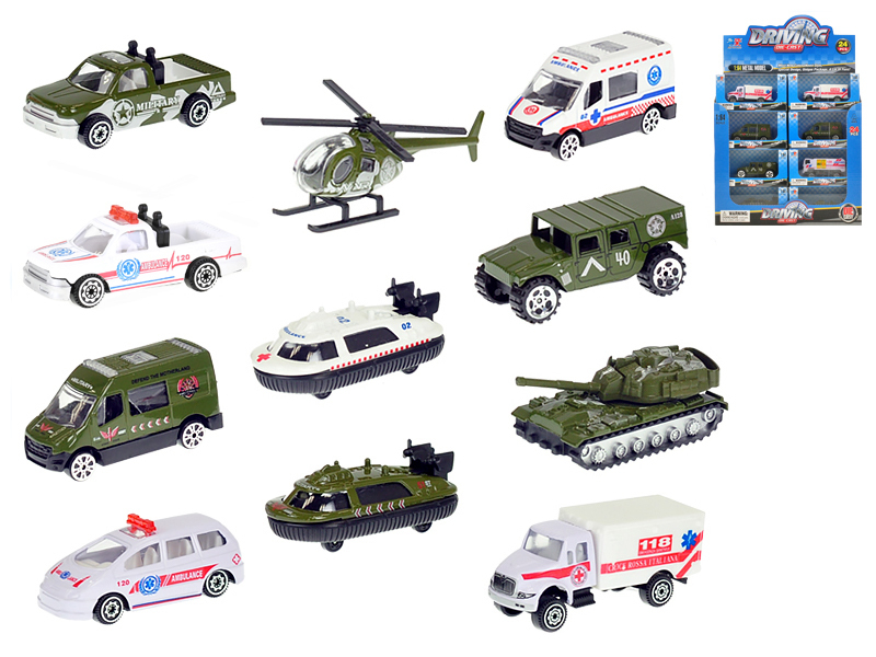 Vozidla vojenská/ambulance 7-8cm kov 1:64 volný chod 12druhů v krabičce (24ks/bal)
