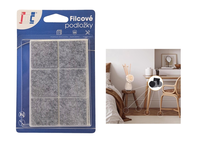 Filcové podložky na nábytek samolepící 30x30mm 12ks (12sad/bal,288/krt)