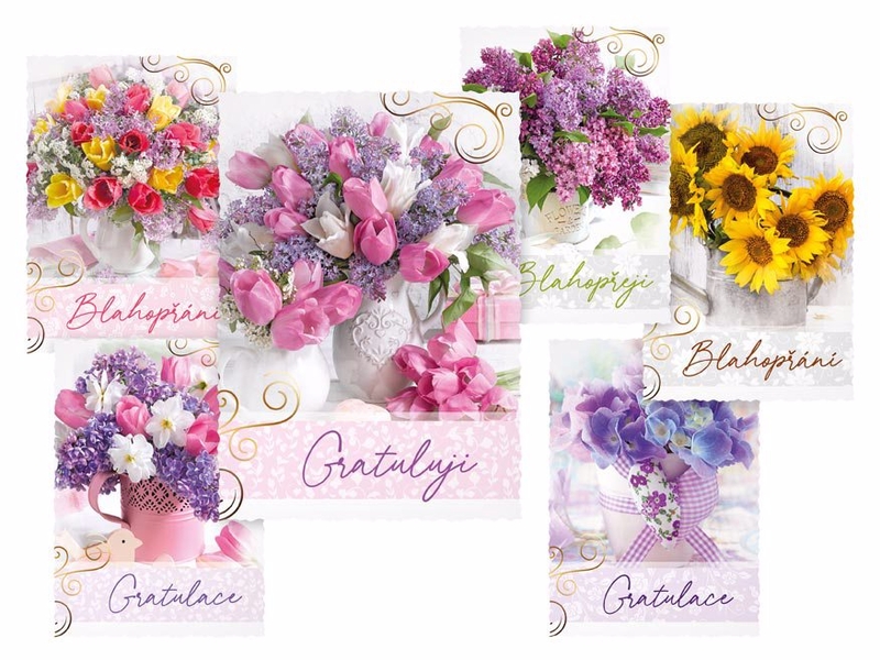 Pohlednice Gratulace glitr+vysek+UV - květiny (50ks/bal)