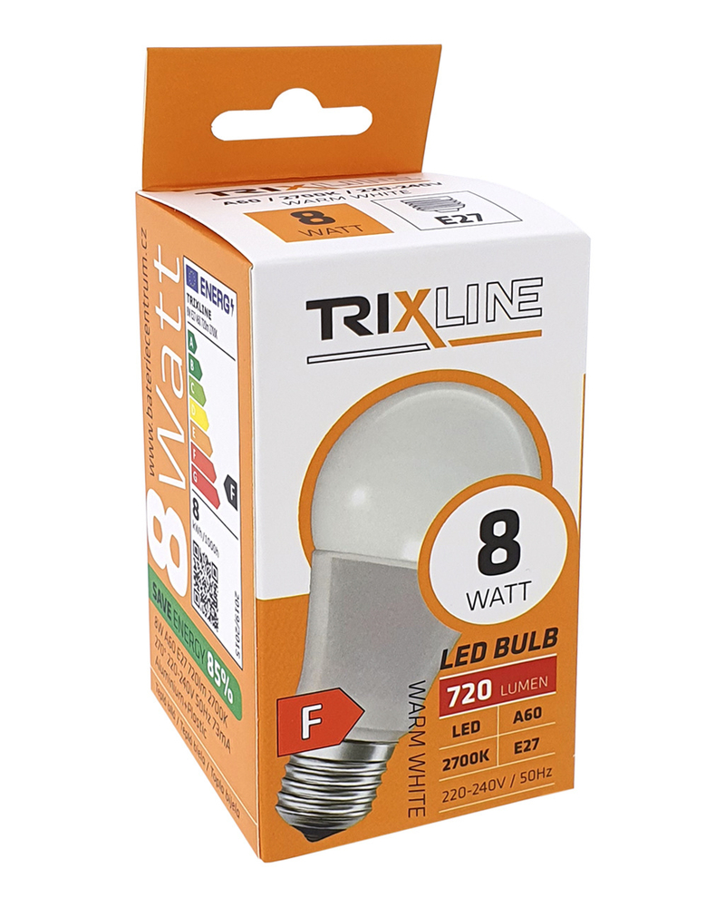 LED žárovka Trixline 8W 720lm E27 A60 - teplá bílá (10ks/bal)