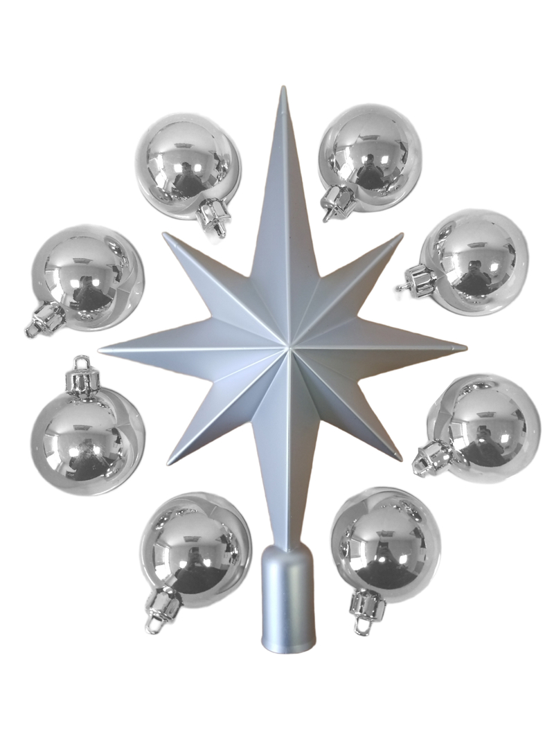 Dekorace vánoční - hvězda + koule stříbrná 9ks