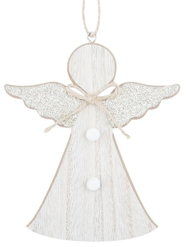 Anděl dřevěný se zlatými křídly na zavěšení 15cm