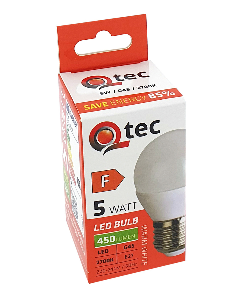 QTEC 5W LED  E27 450LM 2700K 220-240V 50/60Hz 46mA  G45 N (10ks/bal)