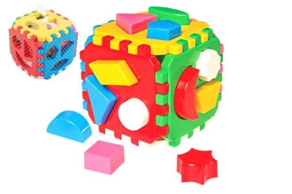 Kostka vkládací 12cm geometrické tvary 12m+ v síťce