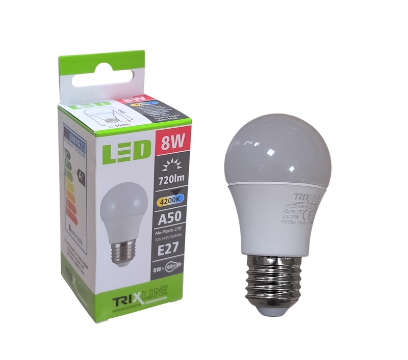 TRIXLINE 8W LED A50 E27 4200K Aluminium Plastová (10ks/bal)